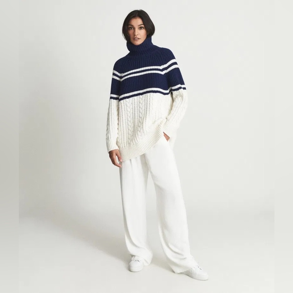 Reiss Scarlett Colour Block Pattern Cable Roll Neck sweater oversized nautical